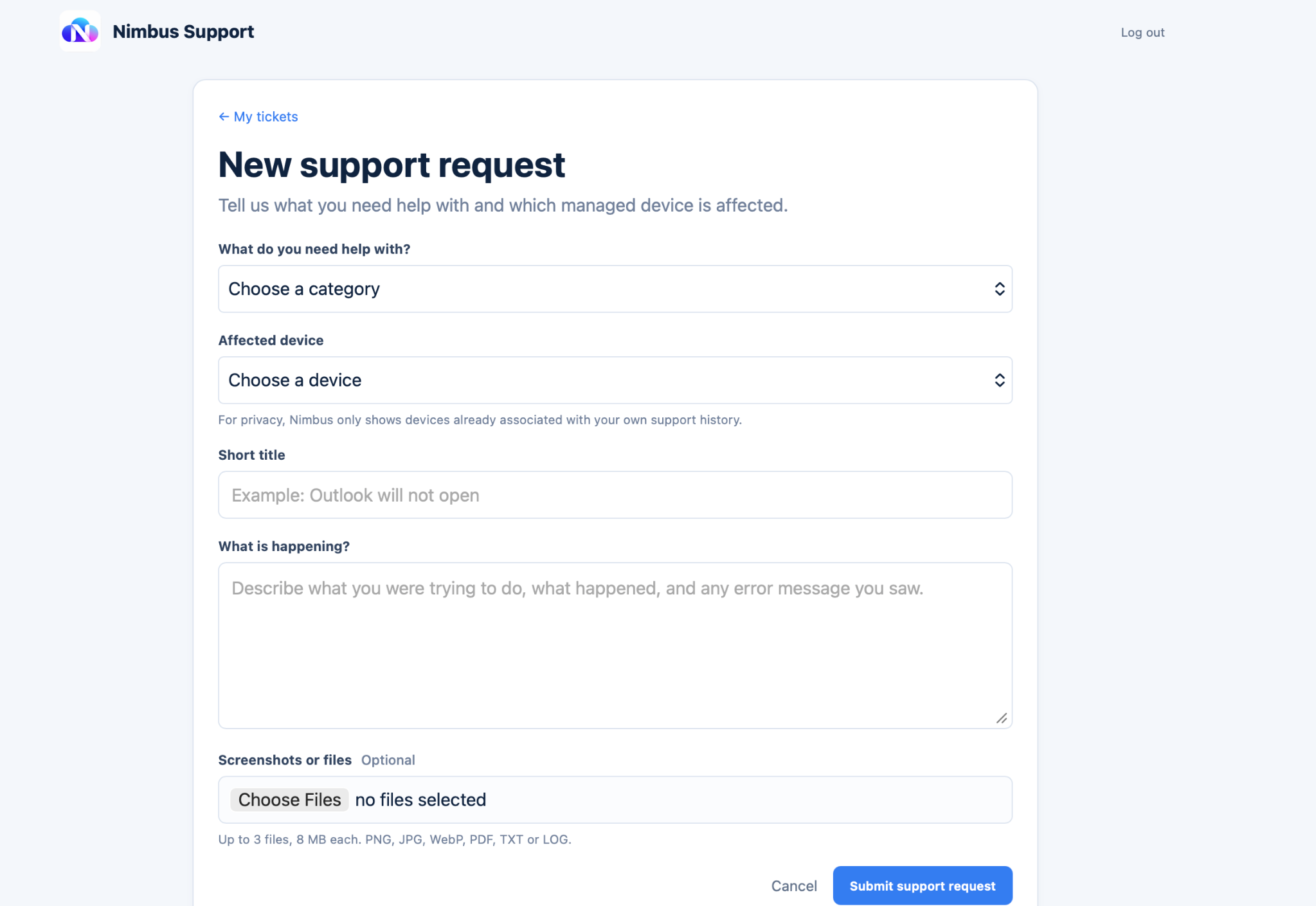 Nimbus Support new support request form