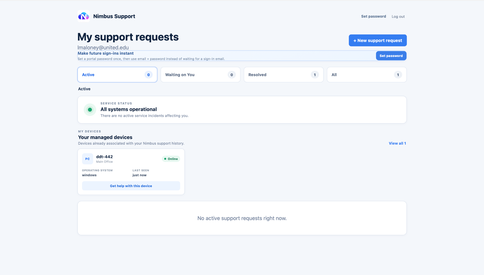Nimbus Support dashboard showing support requests and managed devices