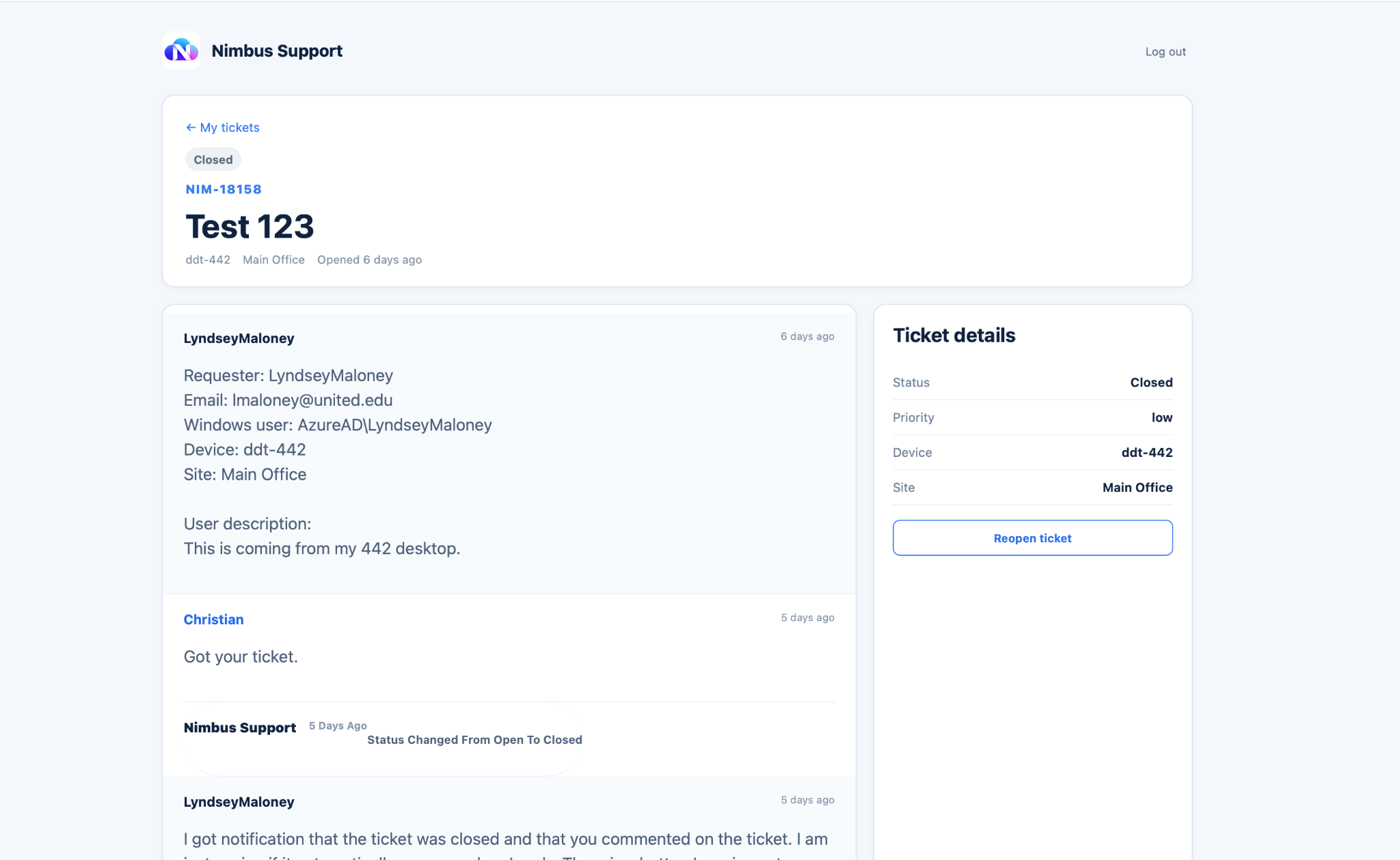 Nimbus Support ticket details and conversation view